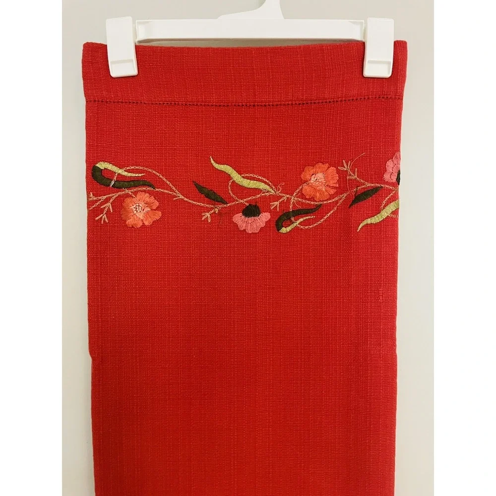 VTG April Cornell Square Cotton Tablecloth. 51x52. Burnt Red W/Floral Embroidery